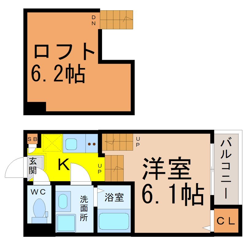 （仮称）南区星宮町Ａコーポ 間取図　洋室6.1帖　ロフト6.2帖　脱衣洗面所　バルコニー