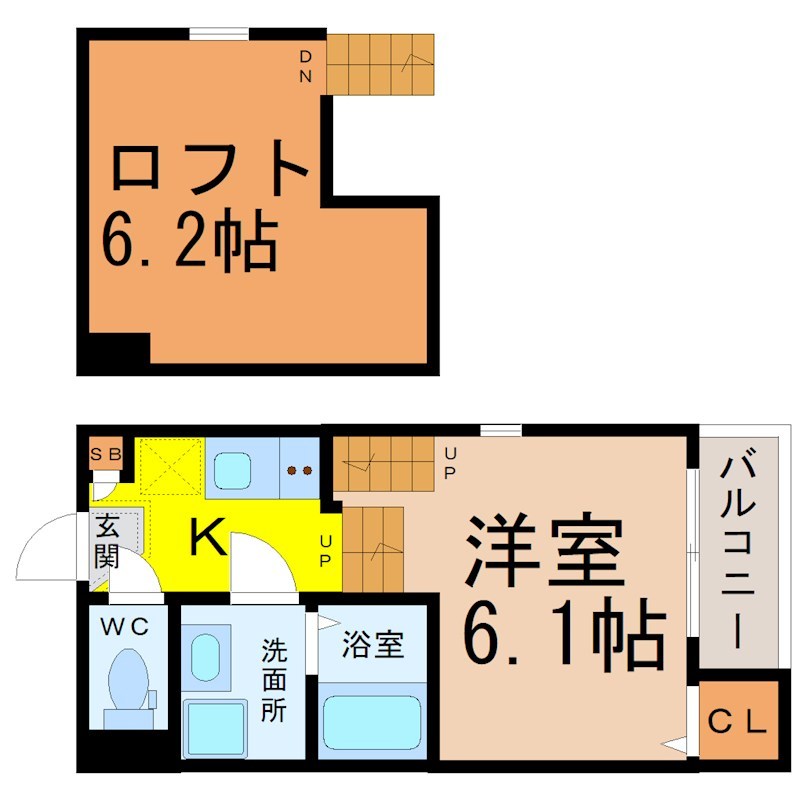 （仮称）南区星宮町Ａコーポ 間取図　洋室6.1帖　ロフト6.2帖　脱衣洗面所　バルコニー