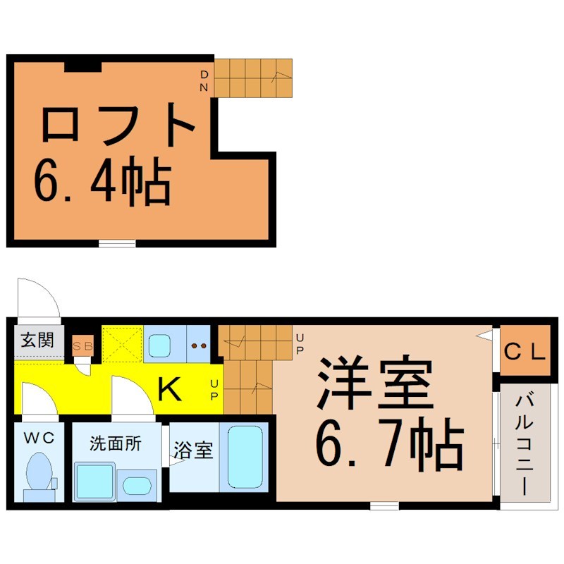 （仮称）南区星宮町Ａコーポ 間取図　洋室6.7帖　ロフト6.4帖　脱衣洗面所　バルコニー