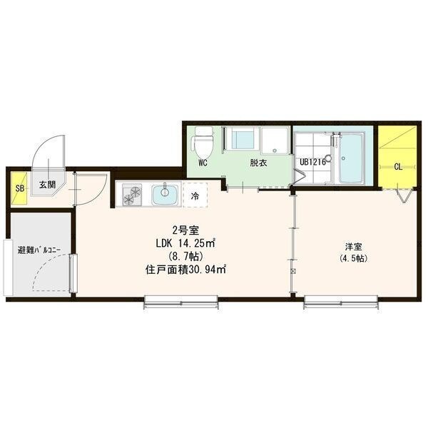 ハーモニーテラス中郷II 間取図　ＬＤＫ8.7帖　洋室4.5帖　脱衣洗面所　バルコニー