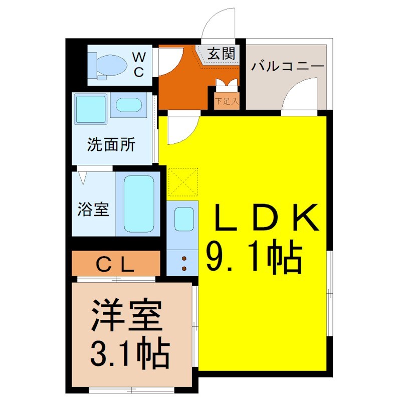 ｃａｓａＨＲ 間取図　ＬＤＫ9.1帖　洋室3.1帖　脱衣洗面所　バルコニー