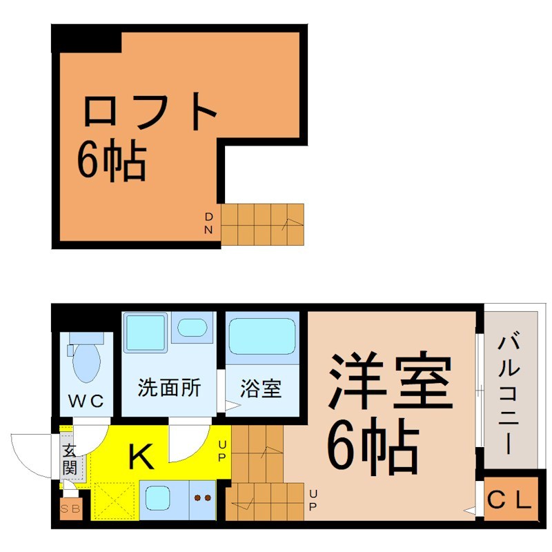 ハーモニーテラス大同町 間取図　洋室6帖　ロフト6帖　脱衣洗面所　バルコニー