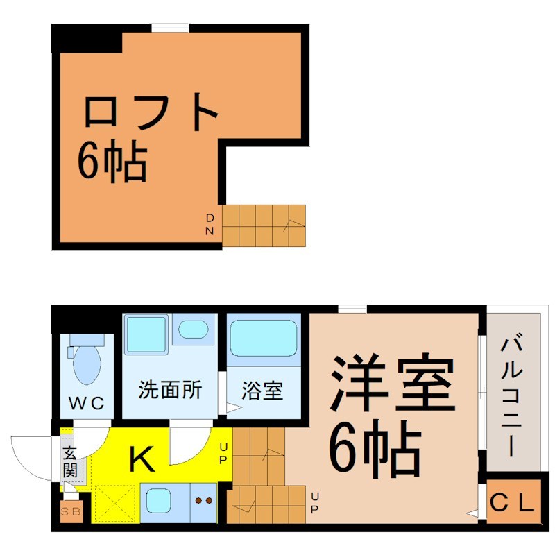 ハーモニーテラス大同町 間取図　洋室6帖　ロフト6帖　脱衣洗面所　バルコニー