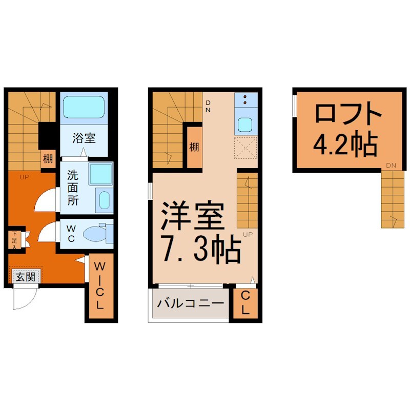 ハーモニーテラス大同町 間取図　洋室7.3帖　ロフト4.2帖　脱衣洗面所　バルコニー