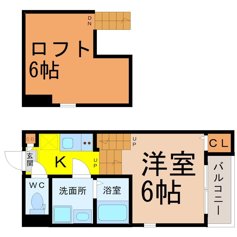 ハーモニーテラス大同町 間取図　洋室6帖　ロフト6帖　脱衣洗面所　バルコニー