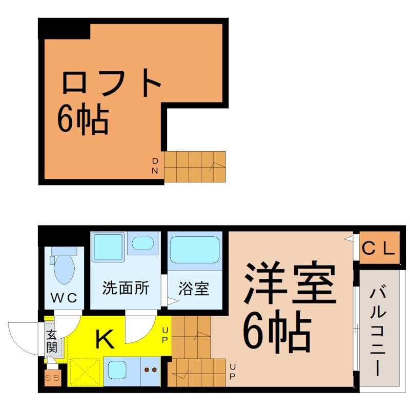 ハーモニーテラス大同町 間取図　洋室6帖　ロフト6帖　脱衣洗面所　バルコニー