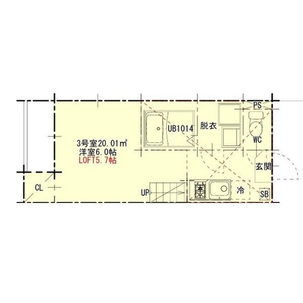 ルキシオン名古屋南 間取図　洋室6帖　ロフト5.7帖　脱衣洗面所　バルコニー