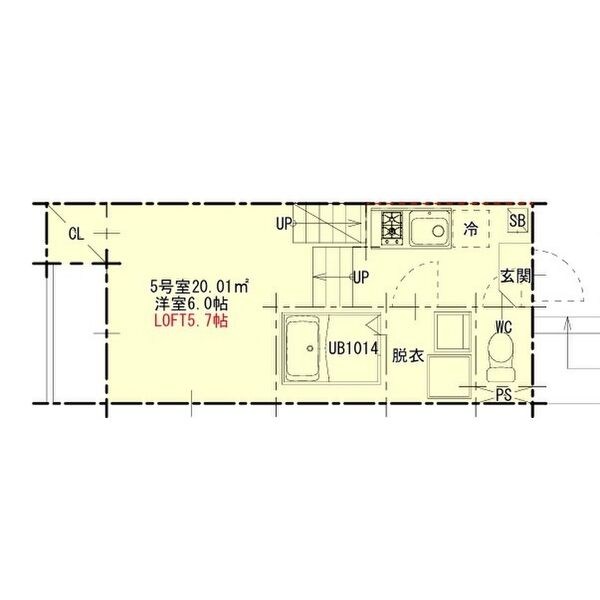 ルキシオン名古屋南 間取図　洋室6帖　ロフト5.7帖　脱衣洗面所　バルコニー