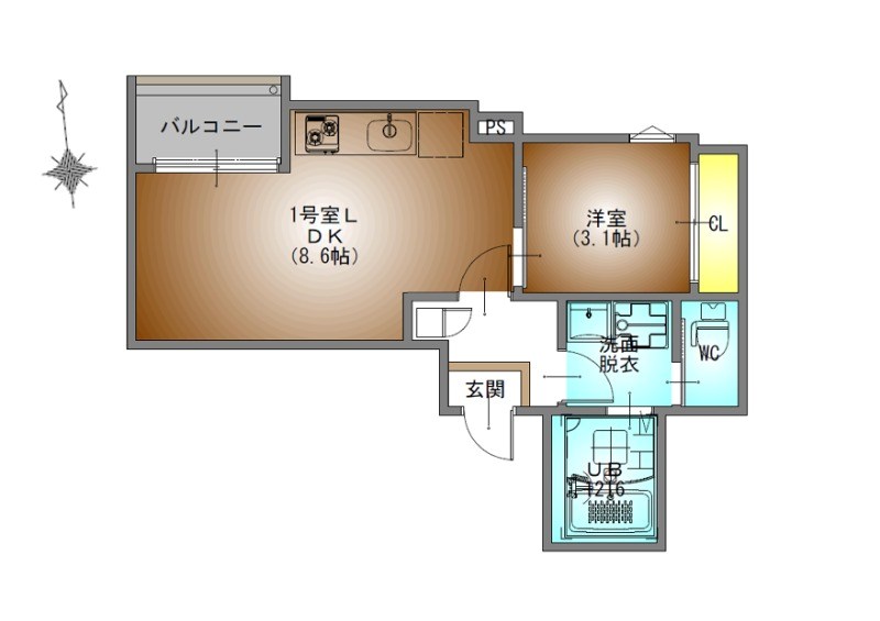 ＲＥＧＡＬＥＳＴ高道 間取図　ＬＤＫ8.6帖　洋室3.1帖　脱衣洗面所