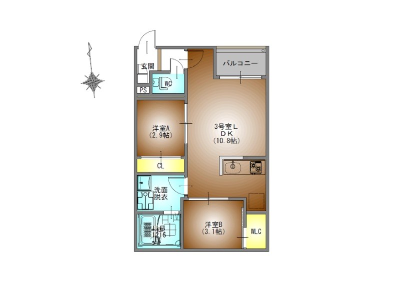 ＲＥＧＡＬＥＳＴ高道 間取図　ＬＤＫ10.8帖　洋室3.1帖　洋室2.9帖