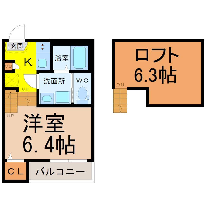 ハーモニーテラス大森 間取図　洋室6.4帖　ロフト6.3帖　脱衣洗面所　バルコニー