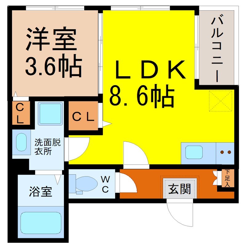 メゾン星宮 間取図　ＬＤＫ8.6帖　洋室3.6帖