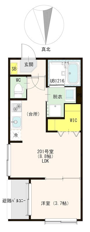 ハーモニーテラス八番Ⅲ 間取図　ＬＤＫ8.8帖　洋室3.7帖　脱衣洗面所　バルコニー