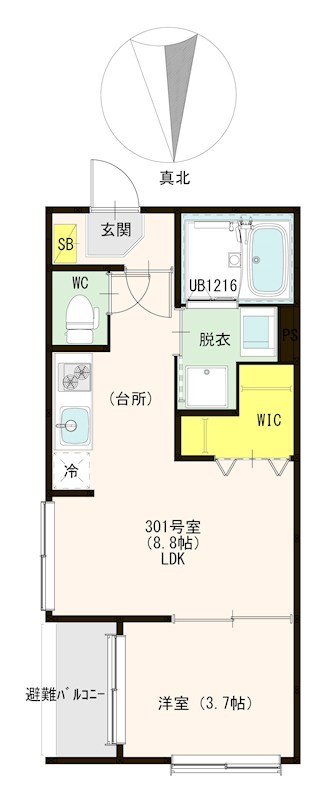 ハーモニーテラス八番Ⅲ 間取図　ＬＤＫ8.8帖　洋室3.7帖　脱衣洗面所　バルコニー