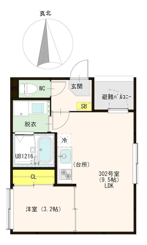 ハーモニーテラス八番Ⅲ 間取図　ＬＤＫ9.5帖　洋室3.2帖　脱衣洗面所　バルコニー