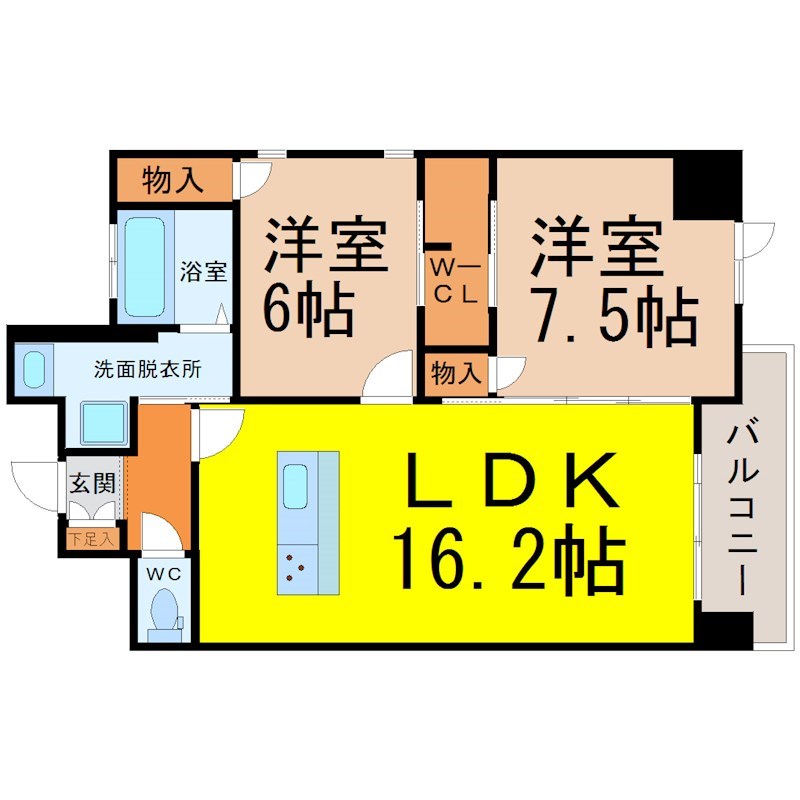 コモレビスクエア名駅北 間取図　ＬＤＫ16.2帖　アイランドキッチン　脱衣洗面所
