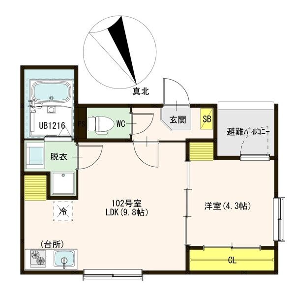 Ａｒｃａｄｉａ鳴海 間取図　ＬＤＫ9.8帖　洋室4.3帖　脱衣洗面所