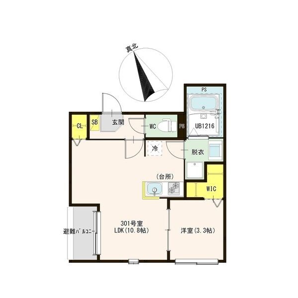 Ａｒｃａｄｉａ鳴海 間取図　ＬＤＫ10.8帖　洋室3.3帖　脱衣洗面所