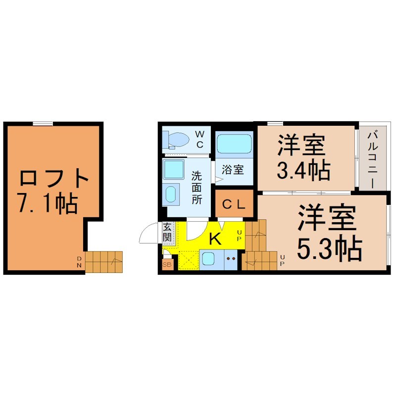 セレーネ 間取図　洋室5.3帖　洋室3.4帖　ロフト7.1帖