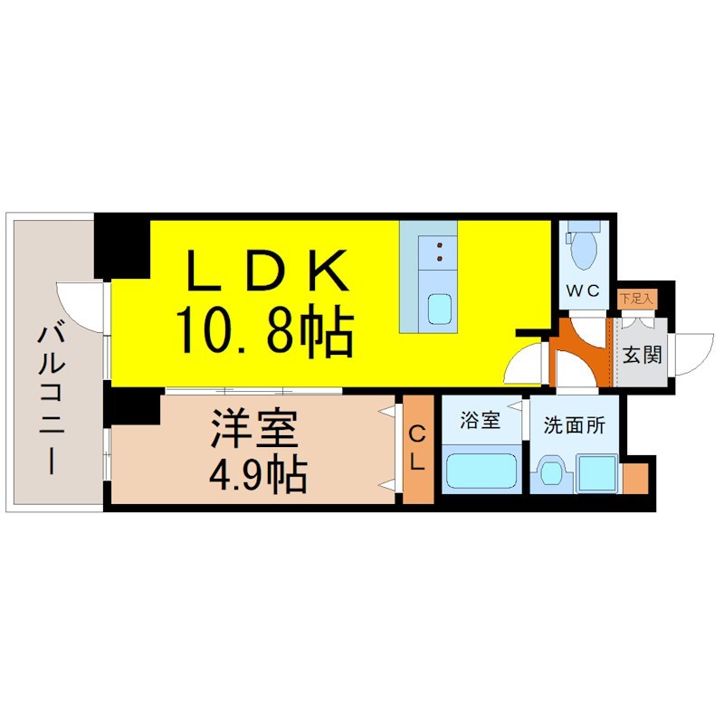プレサンス上前津オレシア 間取図　ＬＤＫ10.8帖　洋室4.9帖　脱衣洗面所