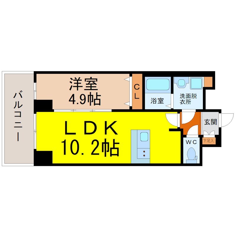 プレサンス上前津オレシア 間取図　ＬＤＫ10.2帖　洋室4.9帖　脱衣洗面所
