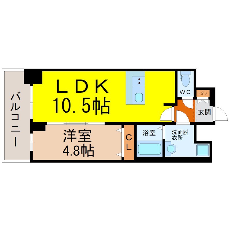 プレサンス上前津オレシア 間取図　ＬＤＫ10.5帖　洋室4.8帖　脱衣洗面所