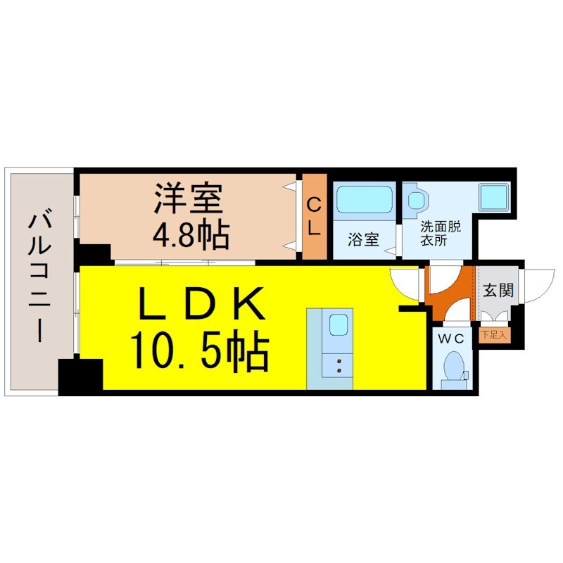 プレサンス上前津オレシア 間取図　ＬＤＫ10.5帖　洋室4.8帖　脱衣洗面所
