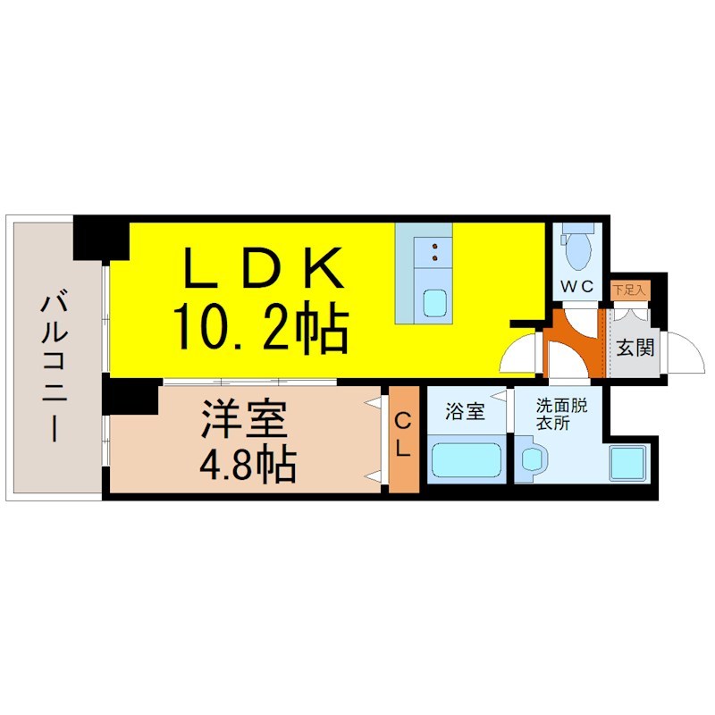 プレサンス上前津オレシア 間取図　ＬＤＫ10.2帖　洋室4.8帖　脱衣洗面所