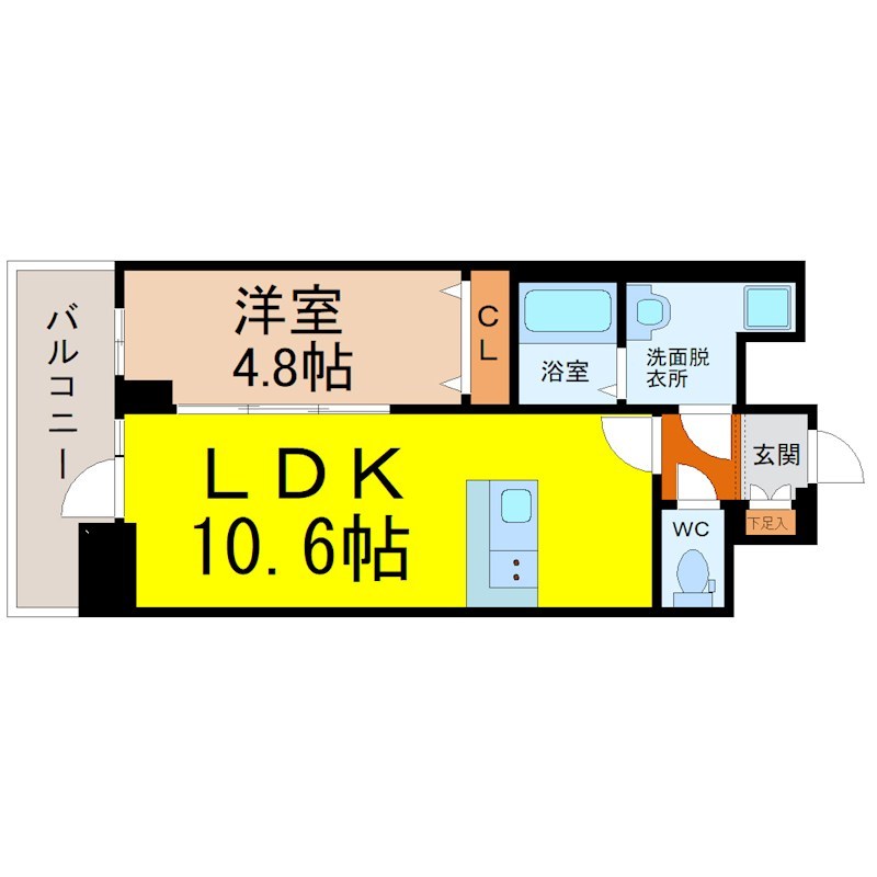プレサンス上前津オレシア 間取図　ＬＤＫ10.6帖　洋室4.8帖　脱衣洗面所