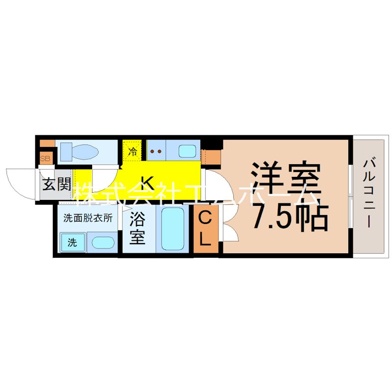 HIRO尾頭橋（ヒロ尾頭橋） 間取図　洋室7.5帖　脱衣洗面所　バルコニー