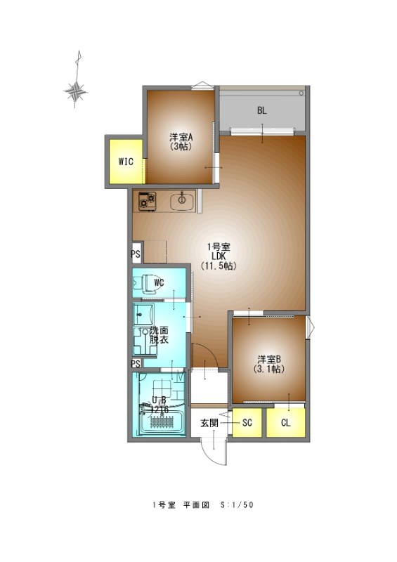 ＲＥＧＡＬＥＳＴ茶屋ヶ坂駅前 間取図　ＬＤＫ11.5帖　洋室3.1帖　洋室3帖