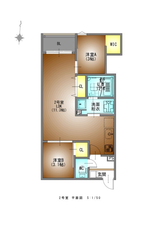 ＲＥＧＡＬＥＳＴ茶屋ヶ坂駅前 間取図　ＬＤＫ11.3帖　洋室3.1帖　洋室3帖