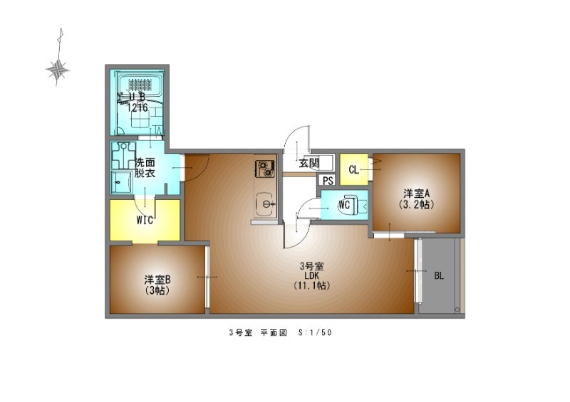 ＲＥＧＡＬＥＳＴ茶屋ヶ坂駅前 間取図　ＬＤＫ11.1帖　洋室3.2帖　洋室3帖