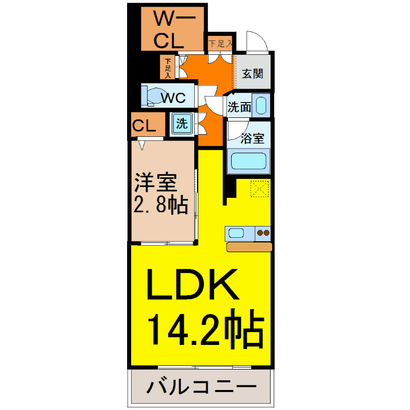 ａＬＡＴＯ白壁 間取図　ＬＤＫ14.2帖　洋室2.8帖　南面バルコニー