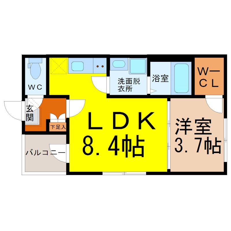 ハーモニーテラス岩塚町 間取図　ＬＤＫ8.4帖　洋室3.7帖　脱衣洗面所
