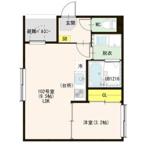 ヴィラ セレステ 八番 間取図　ＬＤＫ9.5帖　洋室3.2帖　脱衣洗面所　バルコニー