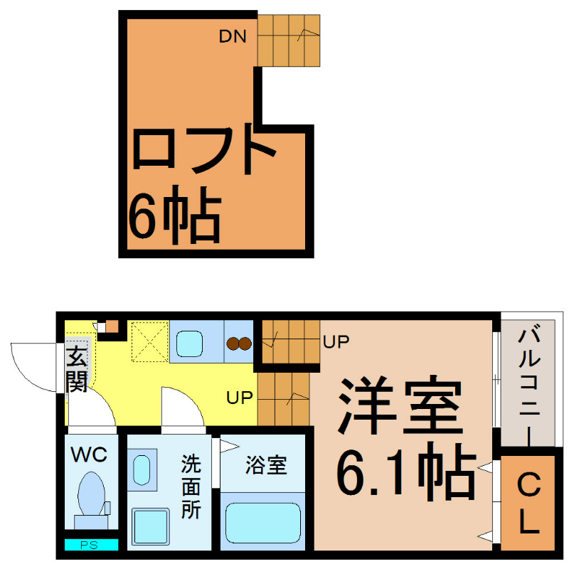 Ｃｏｕｎｔｒｙ ｖｉｌｌａ（カントリーヴィラ） 間取図　洋室6.1帖　ロフト6帖　脱衣洗面所　バルコニー