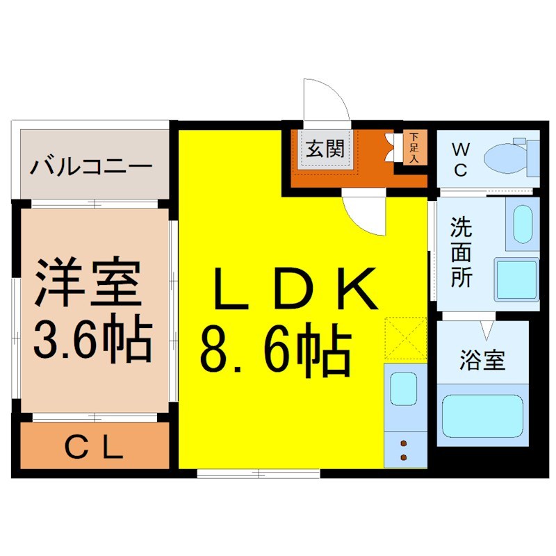 ｃｈａｔ ｐｒｕｎｅ（シャプリュネ） 間取図　ＬＤＫ8.6帖　洋室3.6帖