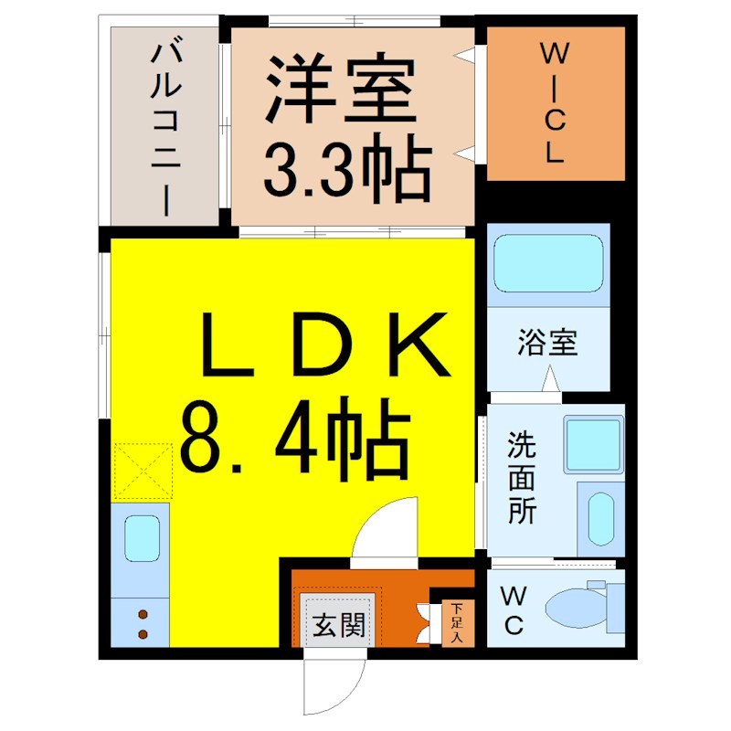 ｃｈａｔ ｐｒｕｎｅ（シャプリュネ） 間取図　ＬＤＫ8.4帖　洋室3.3帖
