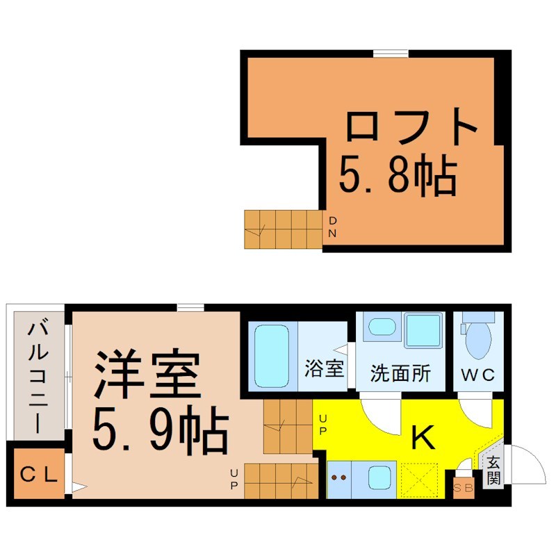 ハーモニーテラス大高町 間取図　洋室5.9帖　ロフト5.8帖