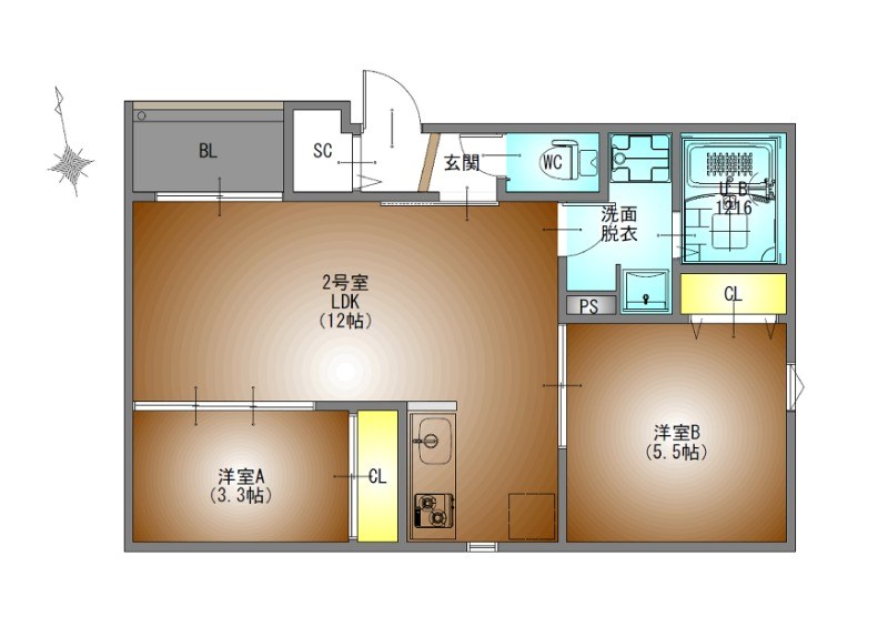 ＲＥＧＡＬＥＳＴ ＳＫＹ 志賀本通 間取図　ＬＤＫ12帖　洋室5.5帖　洋室3.3帖