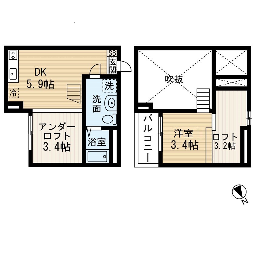 プランドール本地通 間取図　ＤＫ5.9帖　洋室3.4帖　ロフト付　バルコニー