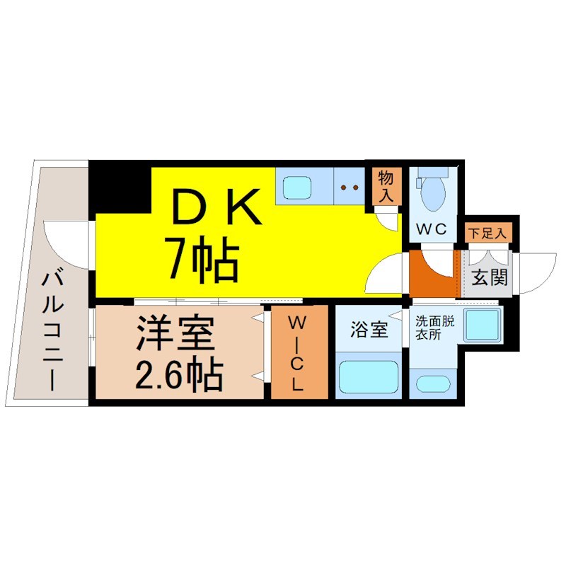 エステムコート名古屋上前津 間取図　ＤＫ7帖　洋室2.6帖　脱衣洗面所　バルコニー