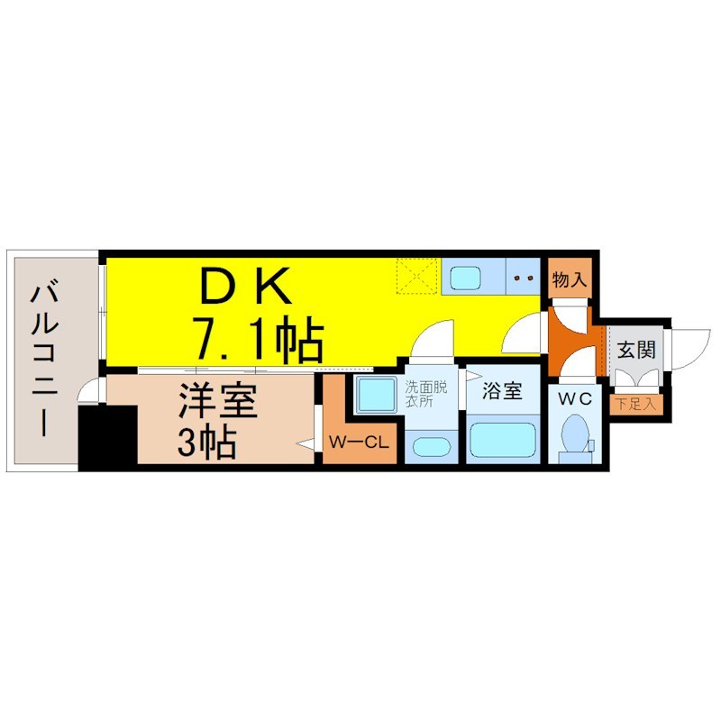 エステムコート名古屋上前津 間取図　ＤＫ7.1帖　洋室3帖　脱衣洗面所　バルコニー