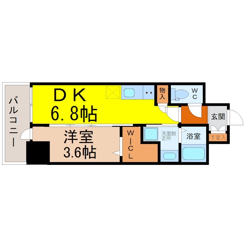 エステムコート名古屋上前津 間取図　ＤＫ6.8帖　洋室3.6帖　脱衣洗面所　バルコニー
