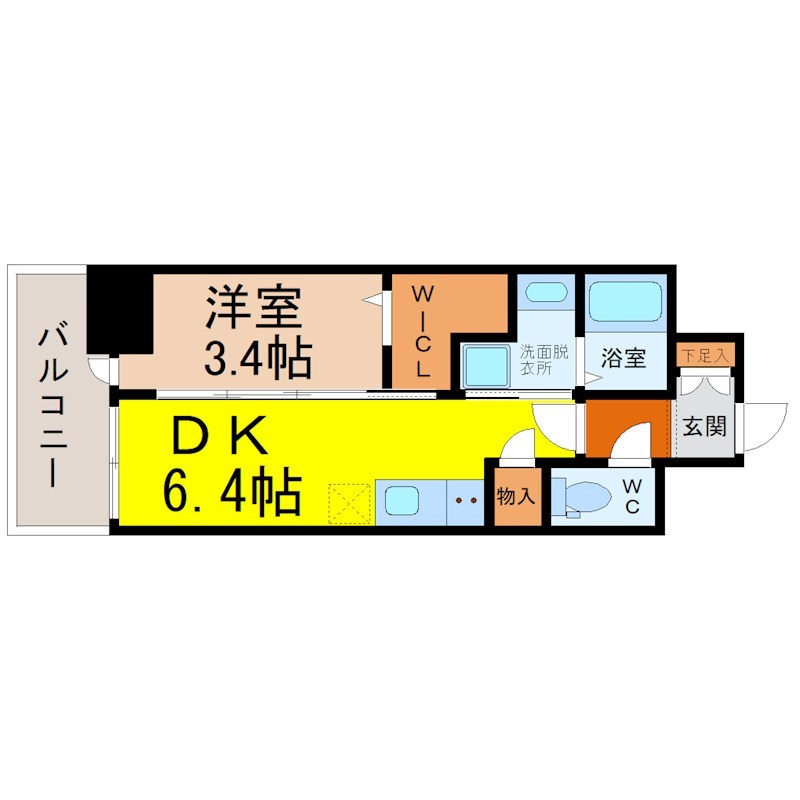 エステムコート名古屋上前津 間取図　ＤＫ7.1帖　洋室3帖　脱衣洗面所　バルコニー