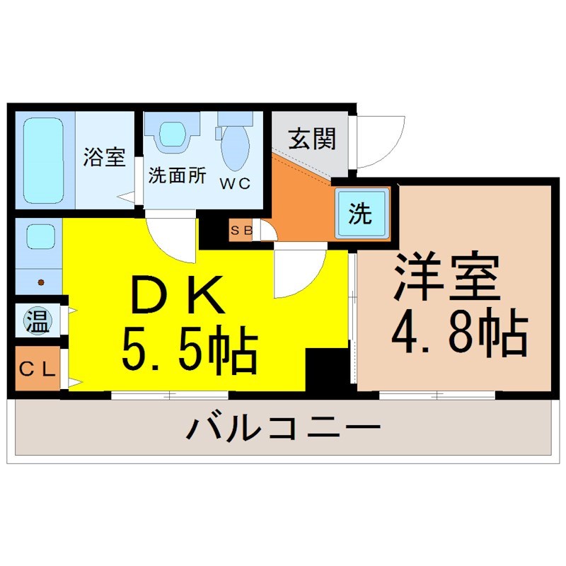 アーバンフラッツ新栄 間取図　ＤＫ5.5帖　洋室4.8帖　脱衣洗面所　バルコニー