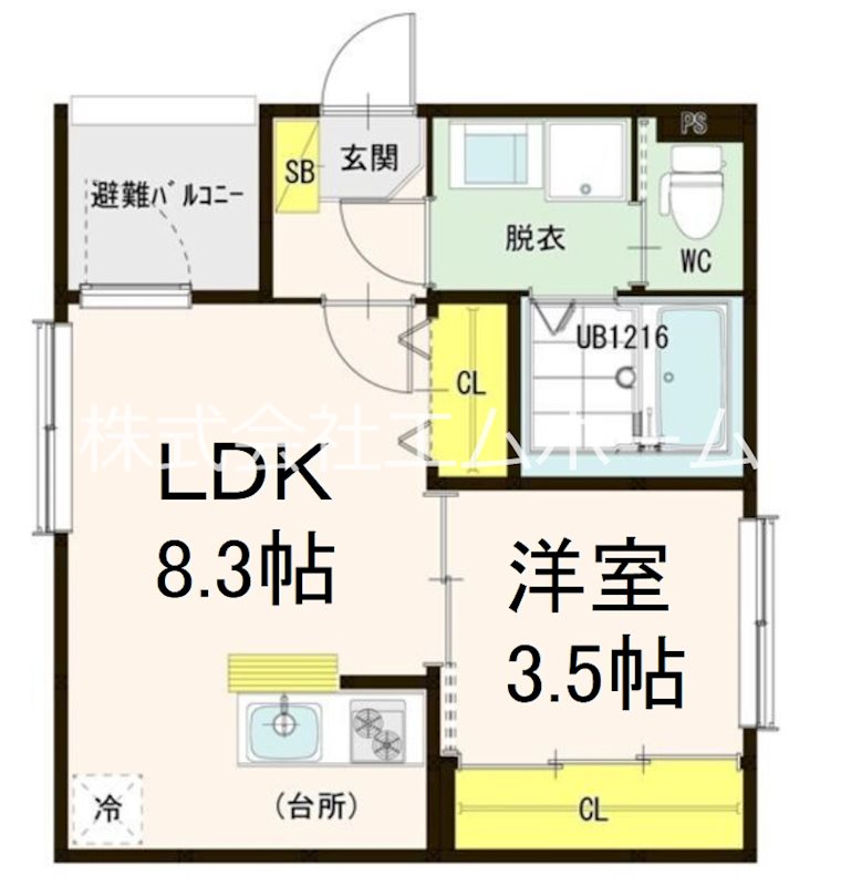 リバーガーデン中村中町 間取図　ＬＤＫ8.3帖　洋室3.5帖　脱衣洗面所