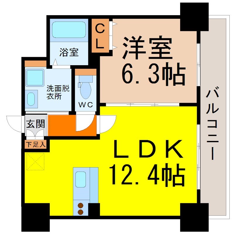 Ｆｌｏｓ北山王 間取図　ＬＤＫ12.4帖　洋室6.3帖　カウンターキッチン