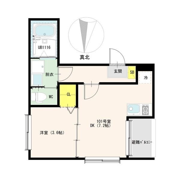 ハーモニーテラス日比野 間取図　ＤＫ7.2帖　洋室3.6帖　脱衣洗面所　バルコニー